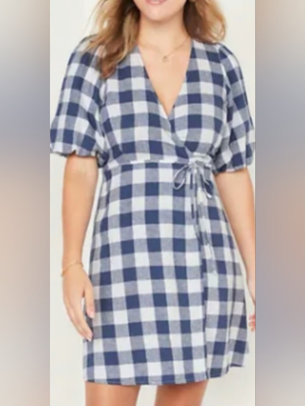 Old Navy Plaid Linen Blend Wrap Mini Dress Sz S Puff Sleeves Blue-white Picnic